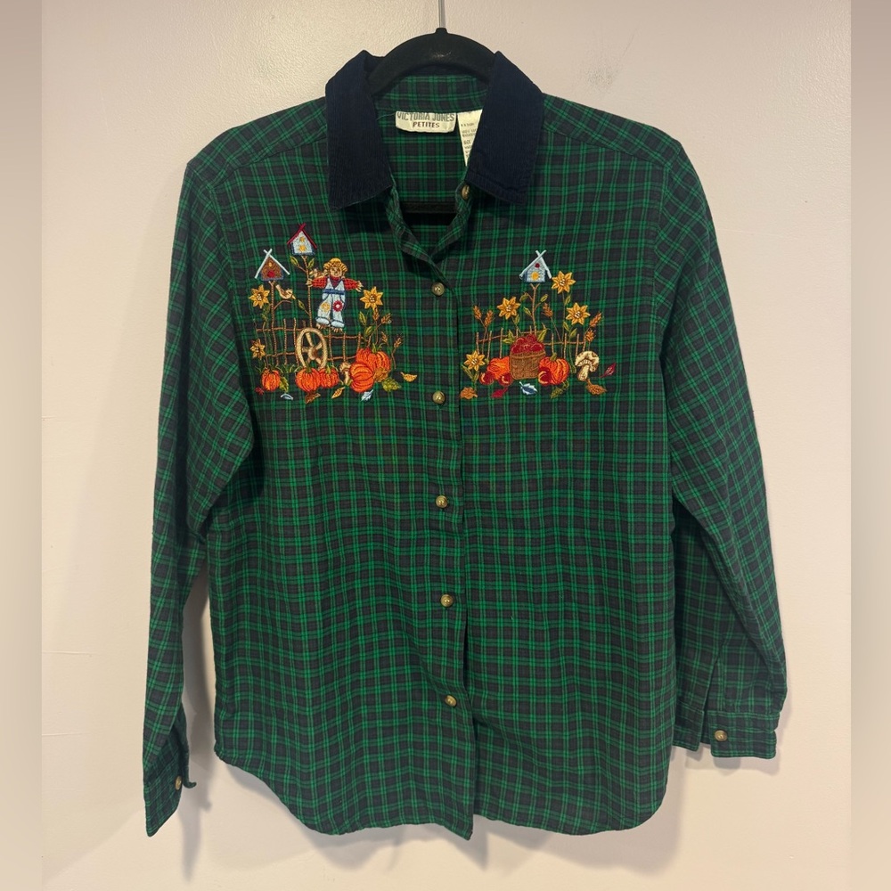 Vintage Fall Pumpkin Patch Embroidered Plaid Butt… - image 1